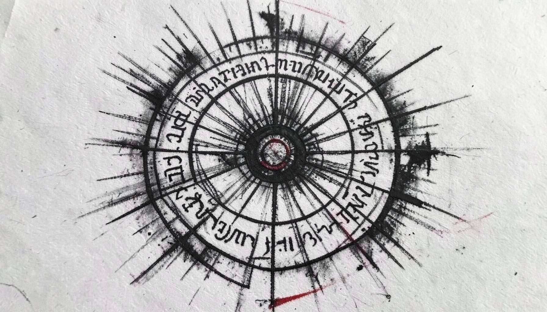 Charcoal drawing of a Paed Tidt eight-directional Sak Yant mandala with circular script bands radiating outward, intricate linework on textured paper.